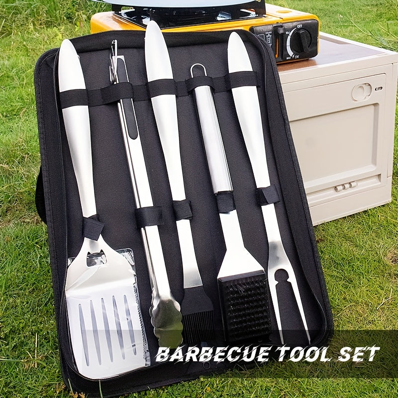 Set of 6 Stainless Steel BBQ Grill Tools - Spatula, Forks, Brush, and Tongs Included for Outdoor Picnics and Camping