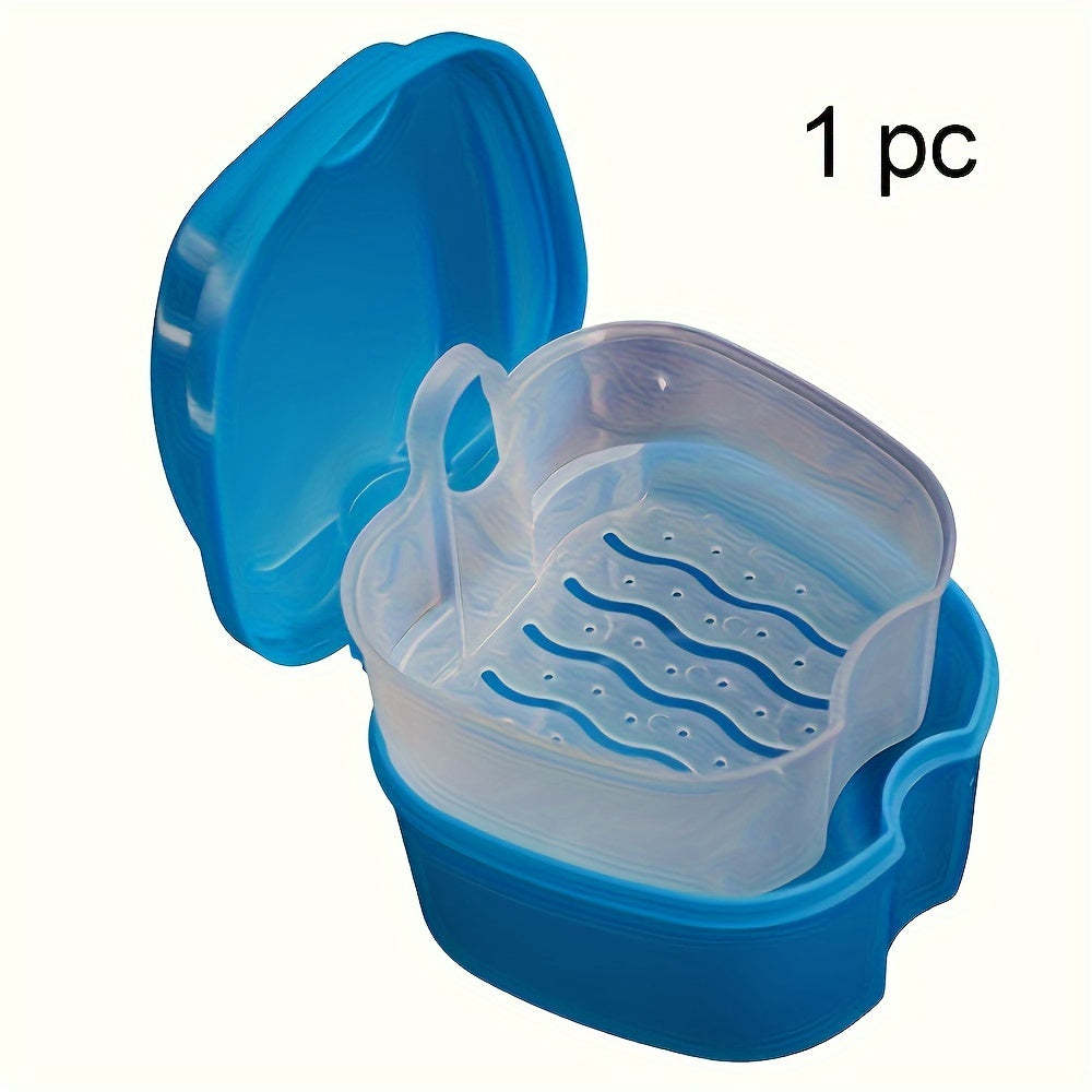 Durable plastic case with built-in brush and filter for complete denture care.