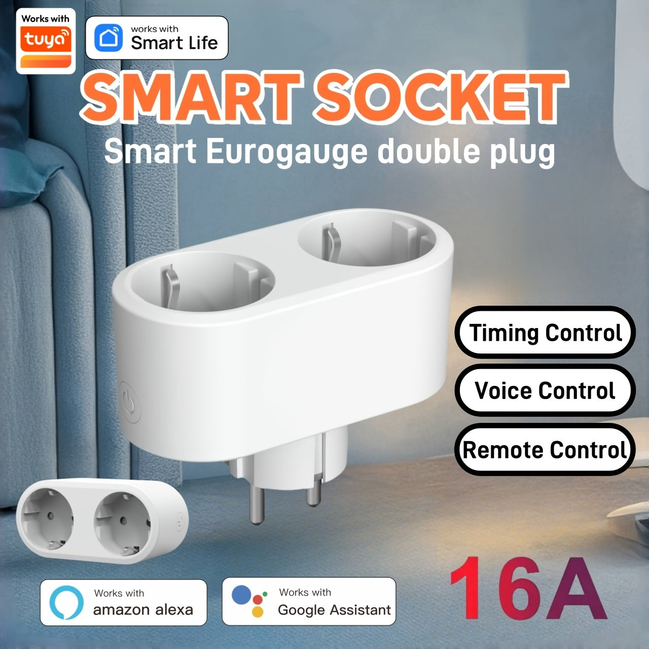 Dual plug socket with voice control, power monitoring, and 16A capacity. Compatible with Alexa and Google. Perfect for TVs, computers, and DVD players.