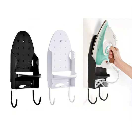 Wall mounted ironing board holder with heat-resistant PBT plastic storage rack and 2 hooks for electric iron and hair dryer. Easy installation and perfect for bedroom, bathroom, and office. Available in black or white.