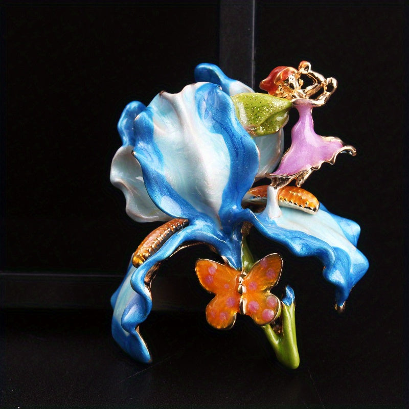 Enamel Iris Pixie Brooch: Vintage-Inspired Elegance with Rhinestones and Irregular Shape