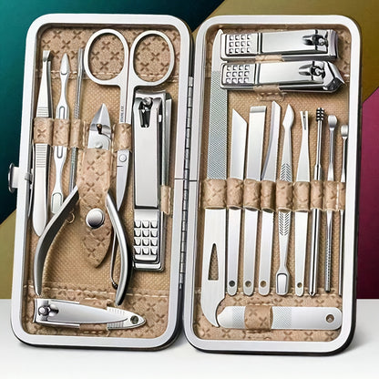 Professional 19-piece stainless steel nail care set for manicures and pedicures, includes cuticle nippers, clippers, files, and grooming tools. Ideal for precision trimming and shaping