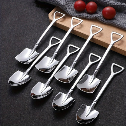 Set of 4 adorable stainless steel shovel spoons for dessert and fruit scooping in the home.