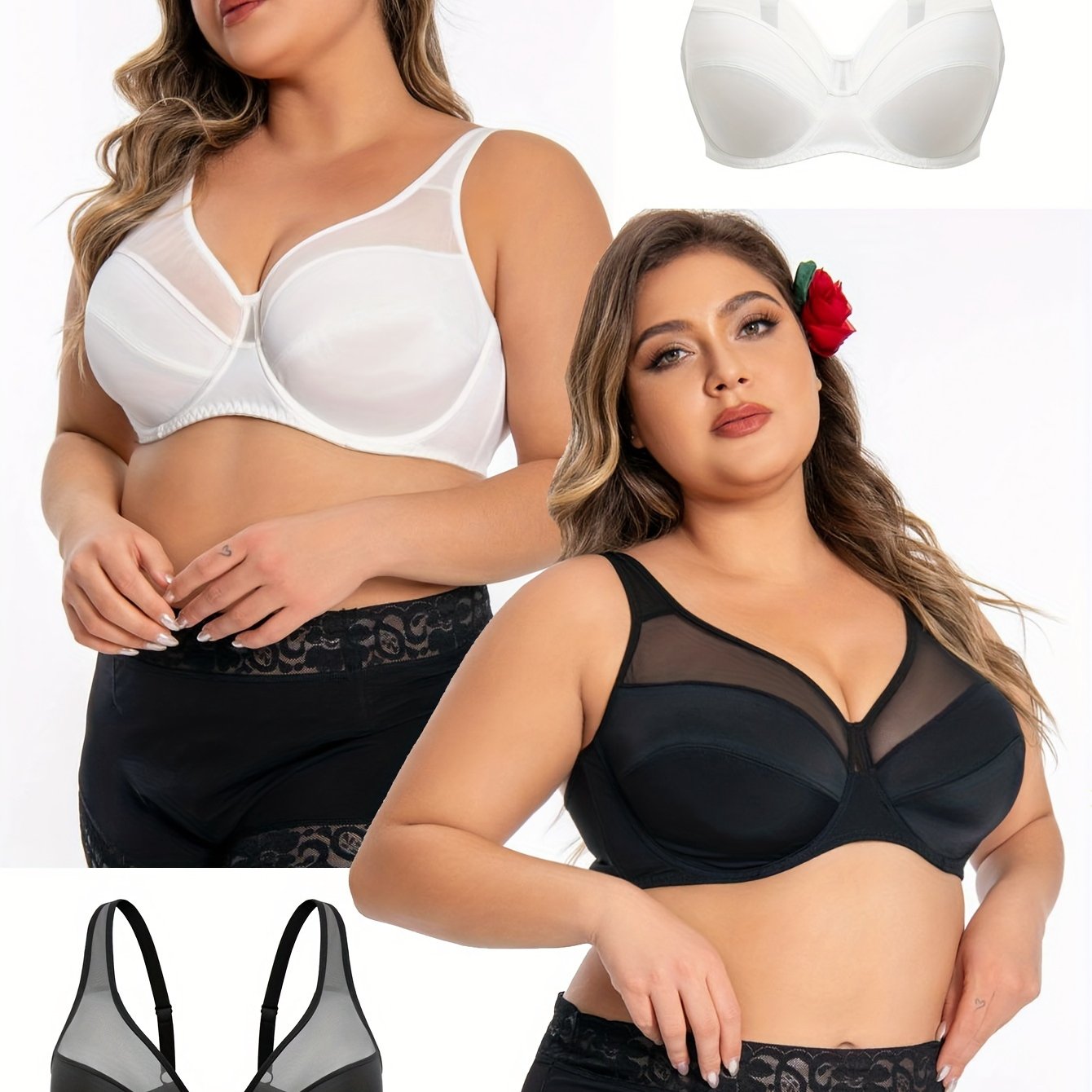 Two Plus Size Elegant Bras for Women, Contrast Mesh Full Cover with Underwire, Non Padded.