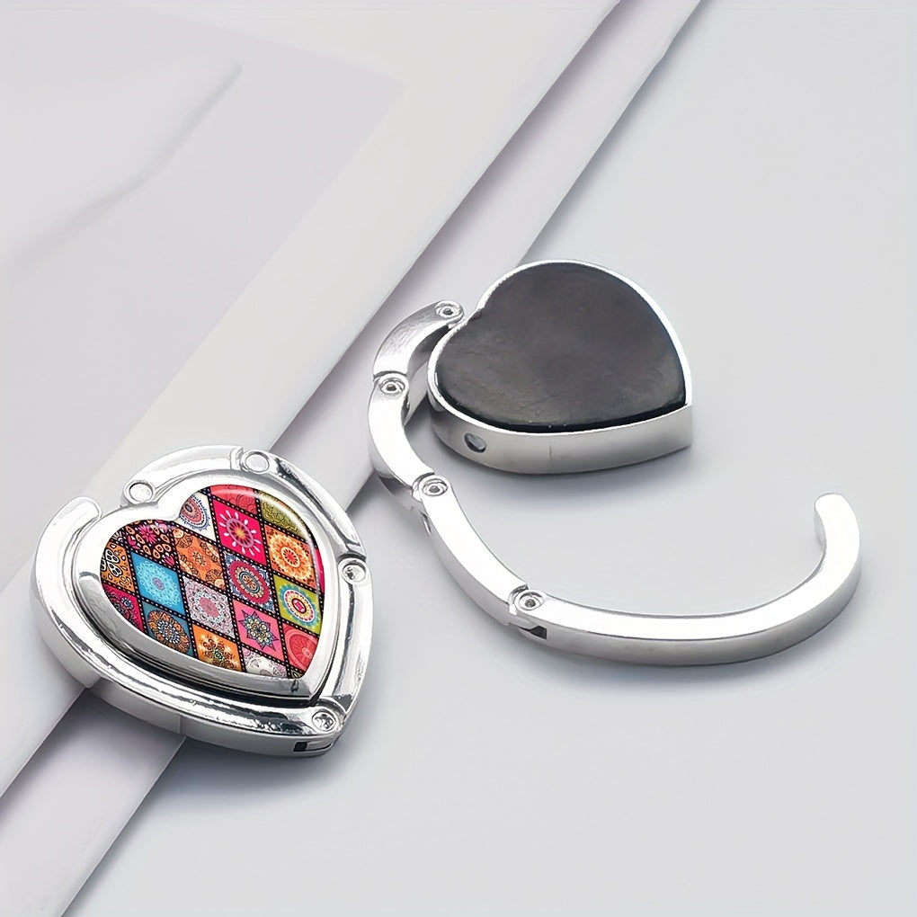 Heart-Shaped Boho Chic Foldable Purse Hook - Vibrant Zinc Alloy Table Hanger for Bags and Keys.