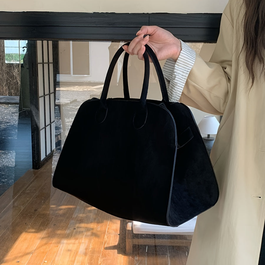 Elegant faux leather top-handle bag for women with fixed shoulder straps, buckle closure, and polyester lining. Solid color office tote, no embellishment, from Guangzhou.