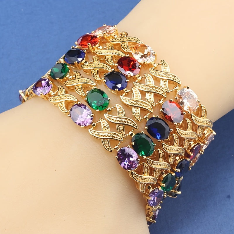 Classic Tennis Bracelet with Multicolor Synthetic Cubic Zirconia in 18K Gold Plating, featuring Elegant Copper Link Chain. This Fashion Jewelry for Women makes for the perfect Valentine's Day or Festival gift. Style: Simple and Timeless.