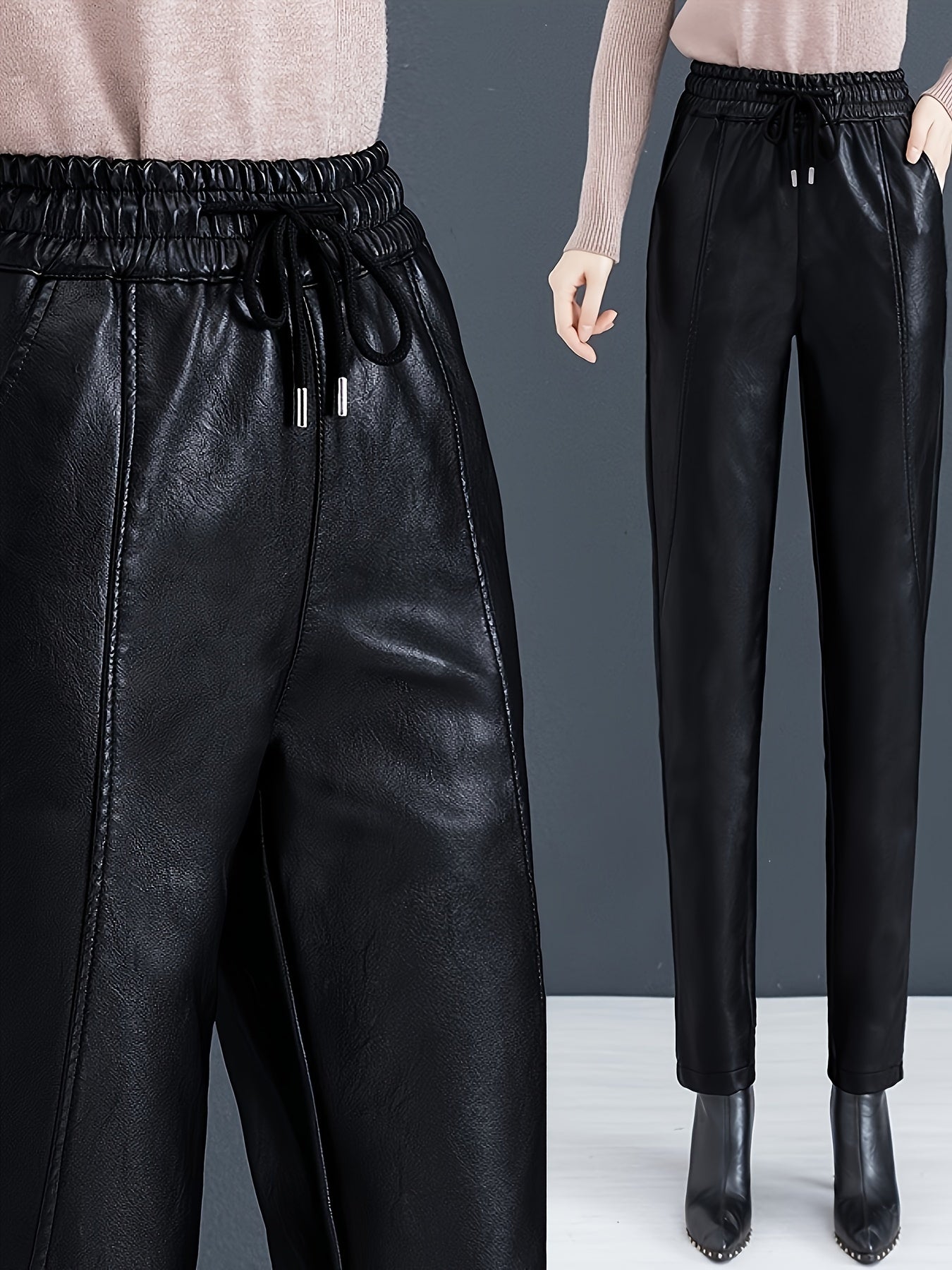 Winter women's faux leather lounge pants with fleece lining, drawstring waist, and pockets.