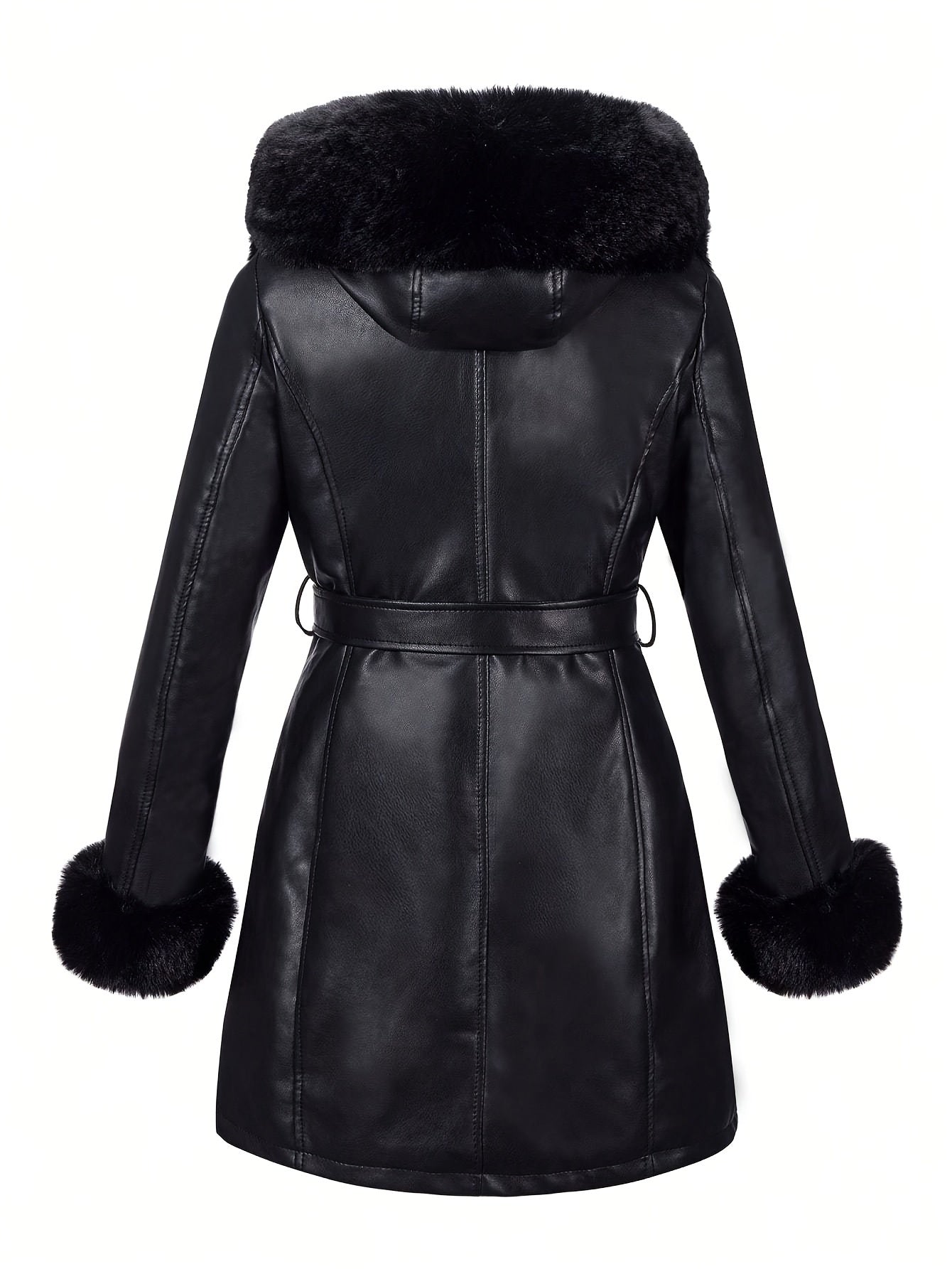 Stylish black PU leather jacket with faux fur trim, hood, and belt for fall/winter. Ideal commuter outerwear for cold weather.