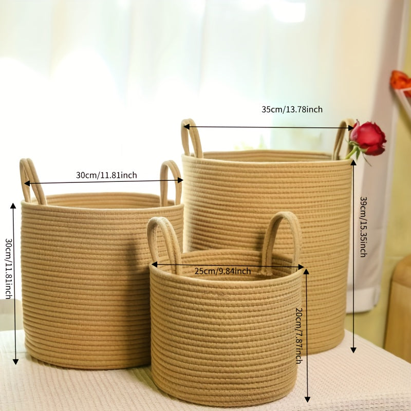 Large capacity rustic cotton rope woven laundry basket with a modern style, perfect for organizing clothes in your home. This round-shaped basket has handles for easy transportation and is ideal for use in the laundry room. No lining included.