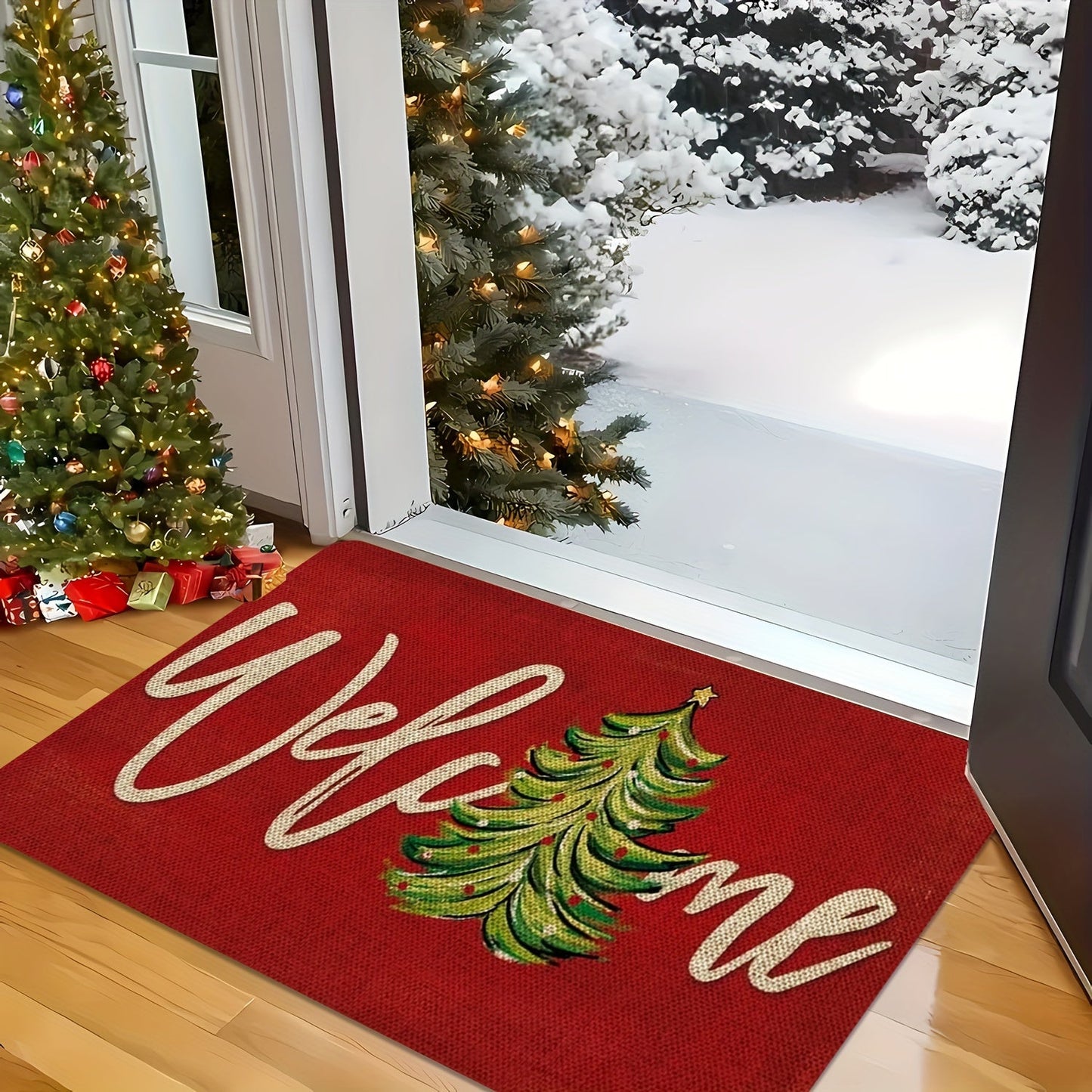 Get into the holiday spirit with our Christmas-themed doormat! Made from red polyester knit fabric, this machine-washable mat is non-slip, stain-resistant, and features medium pile with floral and striped patterns. It is quick-drying, waterproof