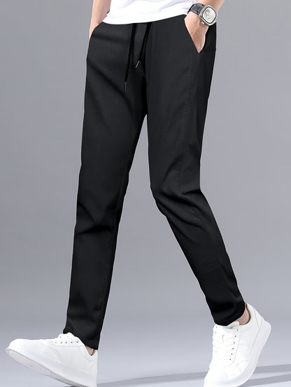 Stylish men's solid pants with pockets, casual and breathable drawstring trousers for outdoor activities.