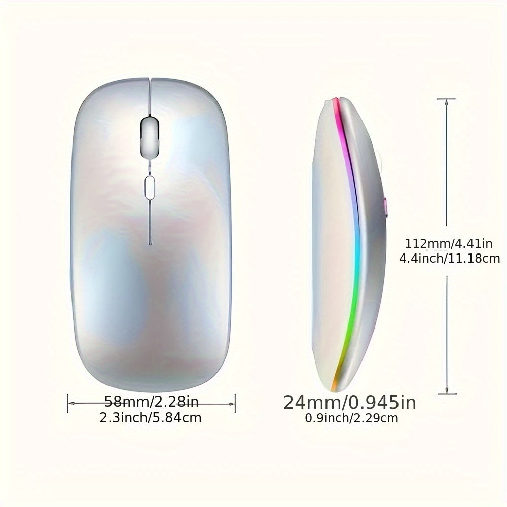 Rechargeable wireless gaming mouse with LED backlight, dual-mode 2.4G/5.2, slim design for laptops and desktops.