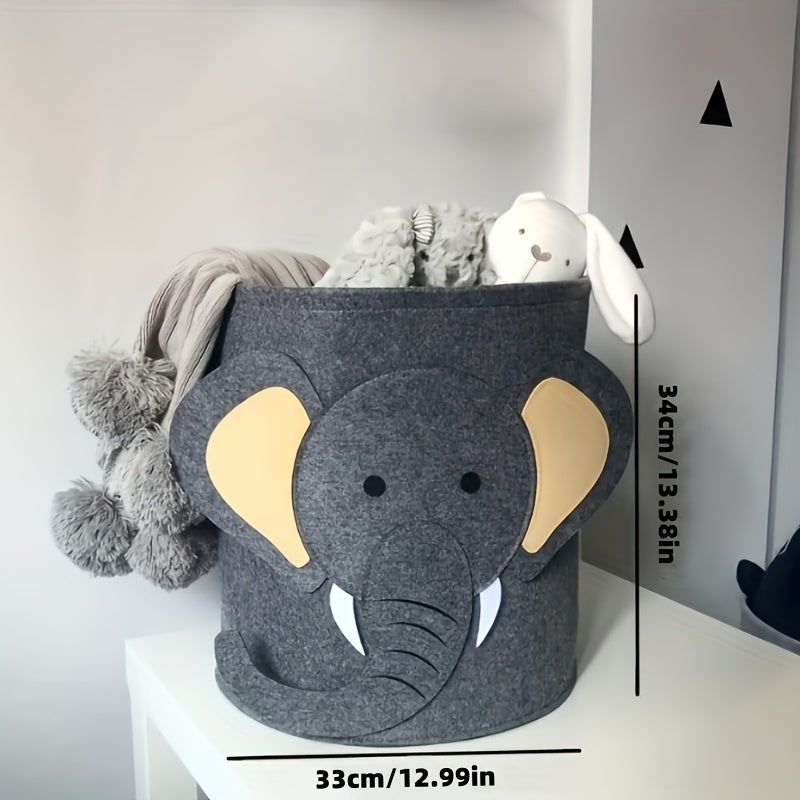 Large capacity 1-piece felt storage basket with cartoon animal design, made of polyester unfinished fabric. This foldable organizer is perfect for storing toys, clothes, and shoes. It can be used as a multi-purpose laundry bin in the home, bedroom, dorm