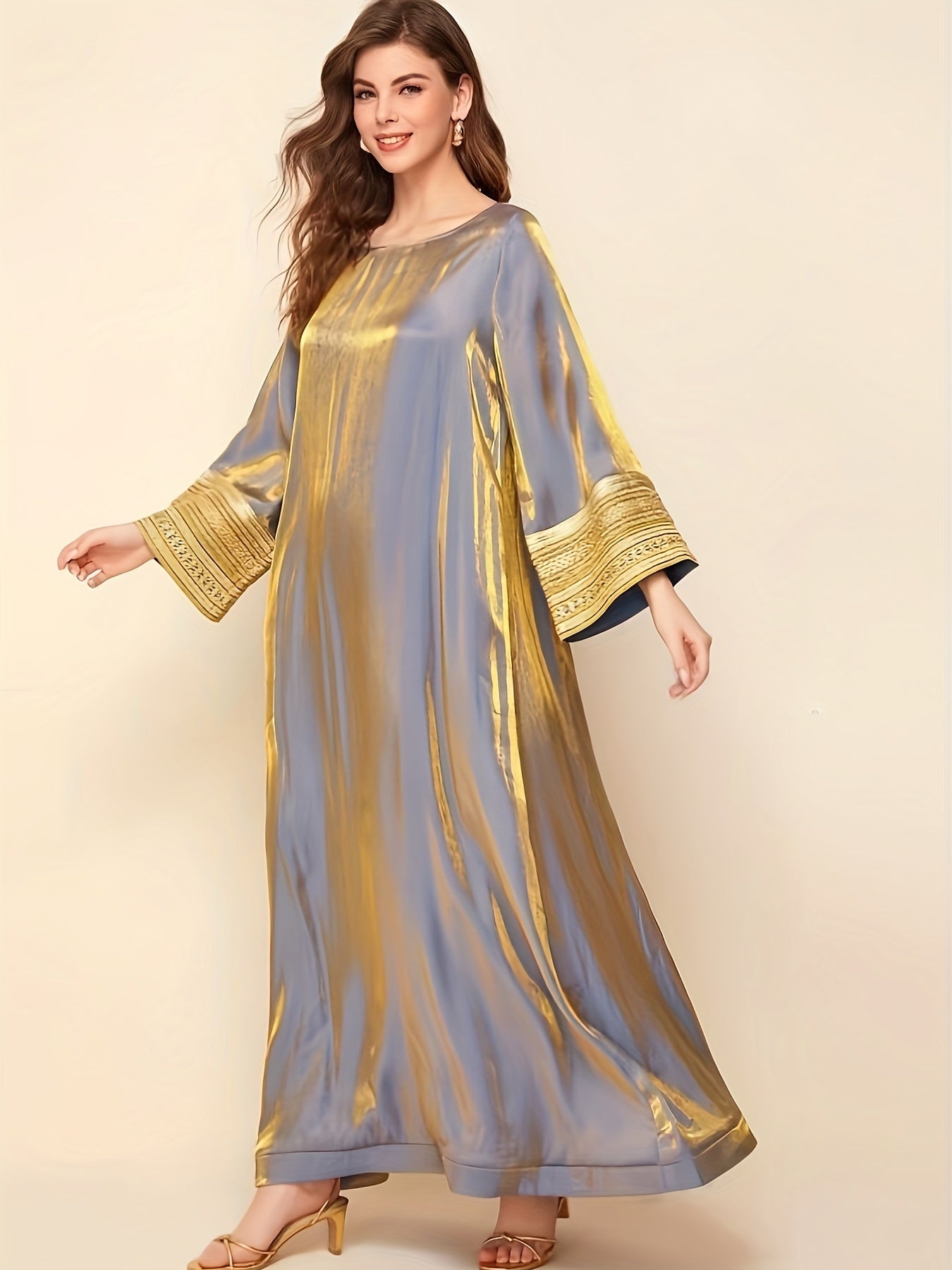 Lace trim crew neck kaftan dress with long sleeves and loose fit maxi silhouette for women.