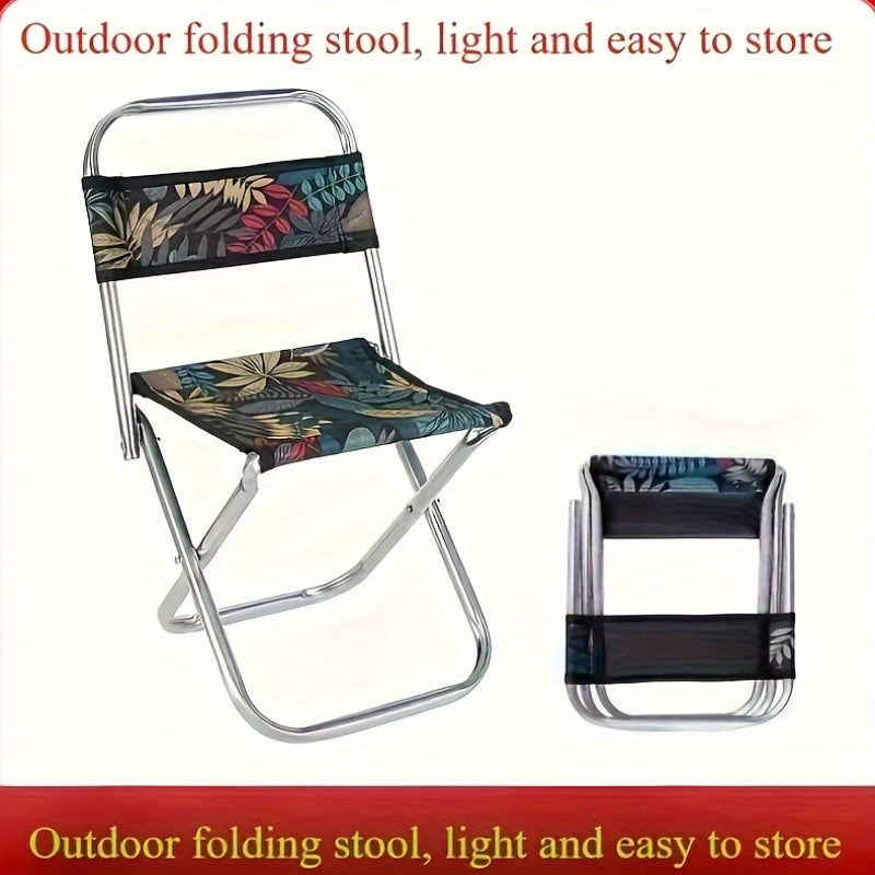 Lightweight Metal Camping Chair with Portable Folding Stool, Beach Fishing Ideal, Green Leaf Pattern, No Electricity Required, Outdoor Foldable Furniture