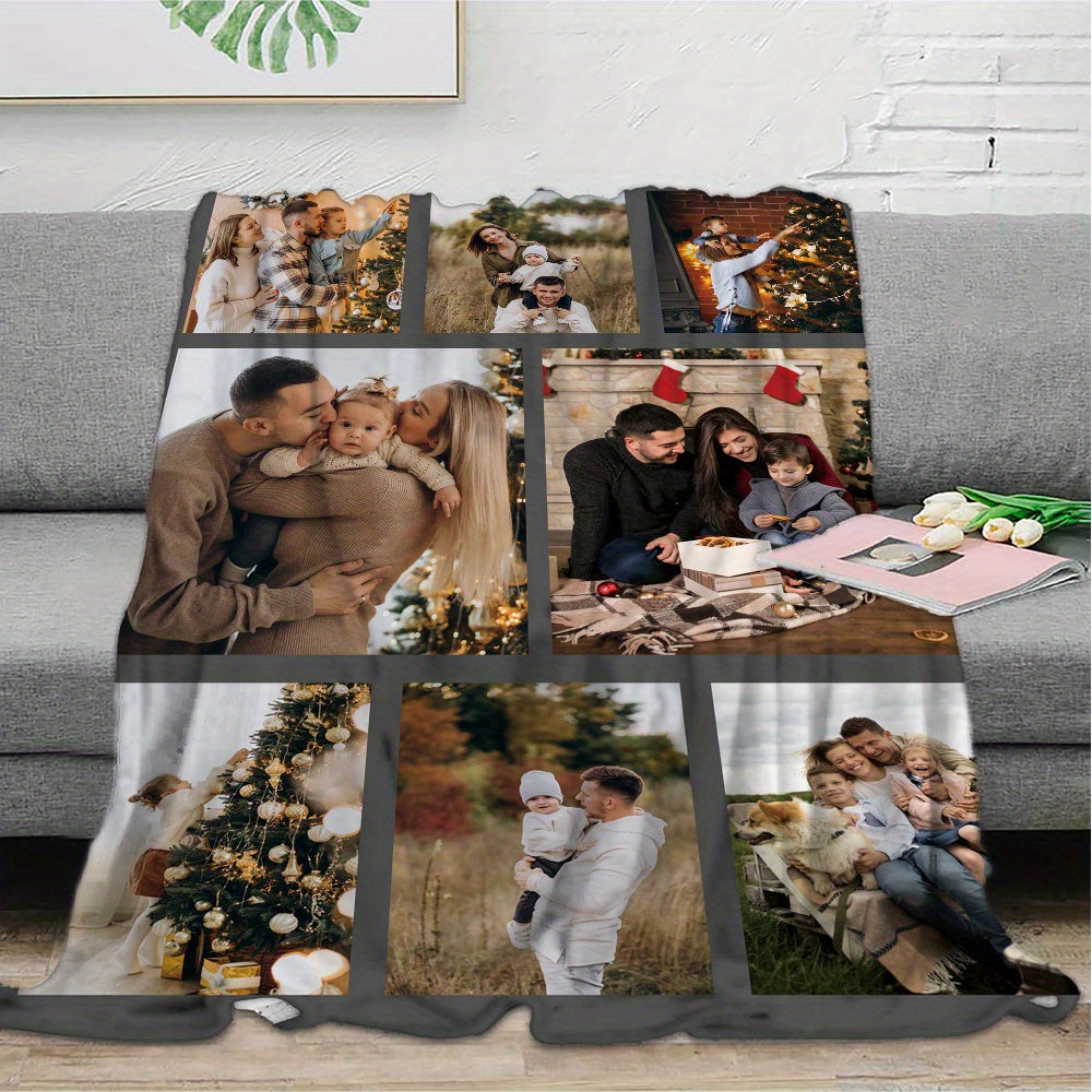 Customize your cozy flannel blanket with a personal photo! This soft and warm memory blanket is perfect for couples or families and is ideal for use in the office, bed, sofa, armchair, napping, camping, or travel. The machine washable blanket features a