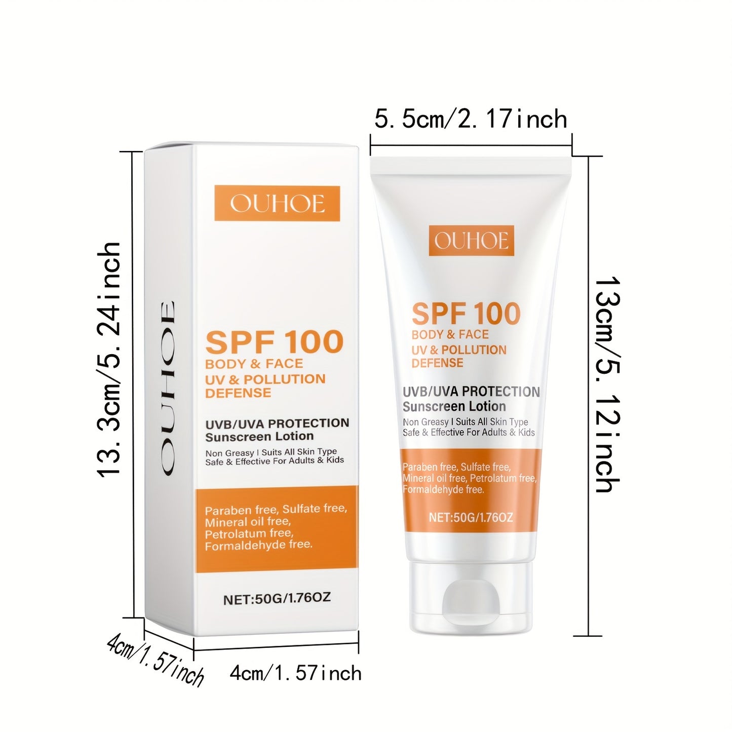 SPF 100 sunscreen lotion for body and face with hydrating hyaluronic acid and vitamin E. Water-resistant, non-greasy formula for UV and pollution defense. 50g/1.76oz.