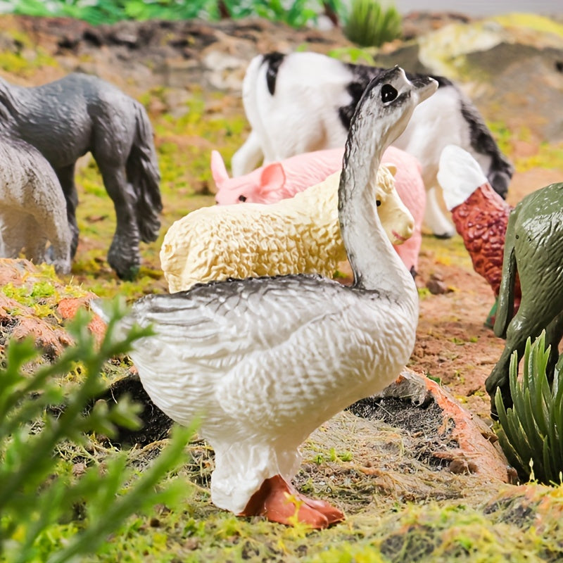 12-piece Farm Animal Figures Set for children aged 3-6, educational PVC miniature play animals featuring chickens, ducks, geese, horses, and cows for science and cognitive development.