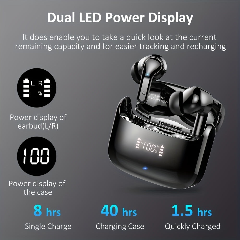 Wireless Earbud with Stereo Bass and Dual Mic Call for 40H, USB-C LED Display.