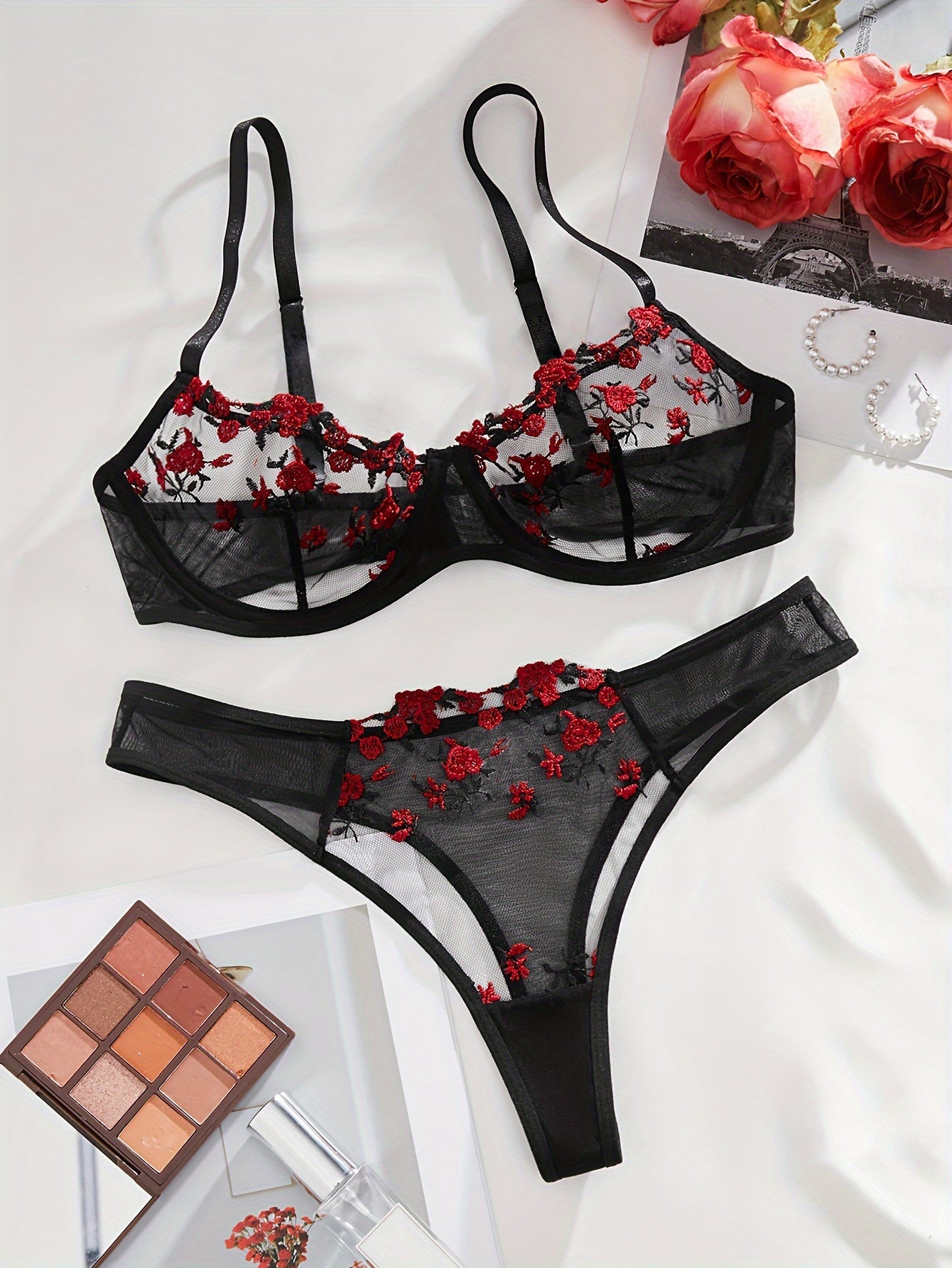 Flower lingerie set with semi-sheer mesh bra and matching cheeky panty for women's sexy underwear.