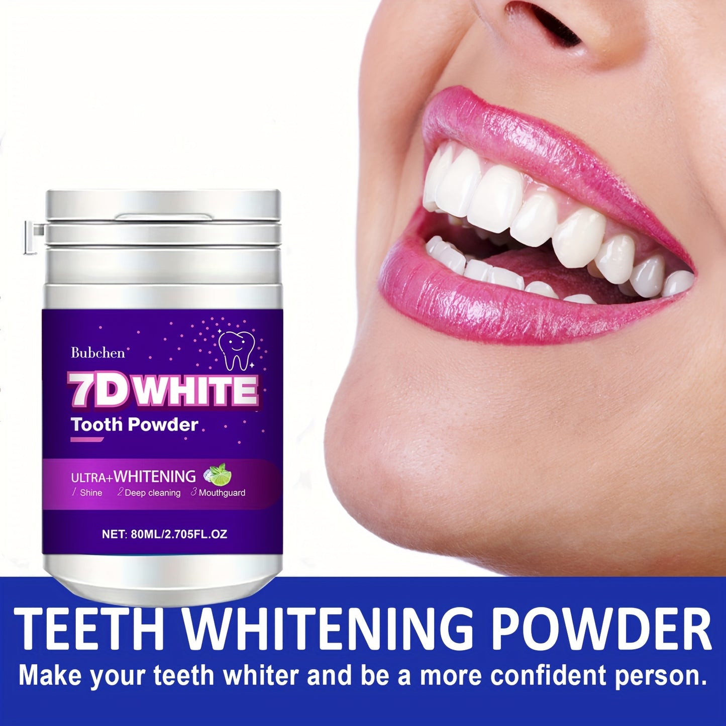 Bubchen 7D Whitening Tooth Powder with Natural Pearl Essence, Mint Flavor, 80ml - 6 Weeks Supply, Deep Clean & Stain Removal.