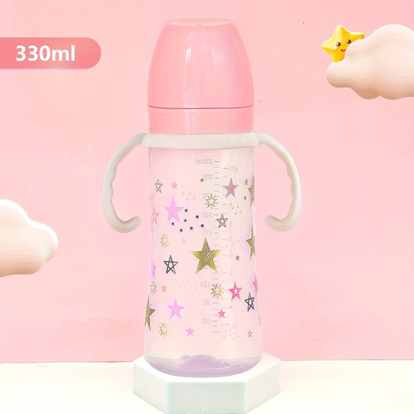 330ml Large Capacity Bottle with Wide Diameter, Handles, and Fall Resistant PP Material. Featuring a Cartoon Star Pattern, this is a Feeding Bottle ideal for Babies.