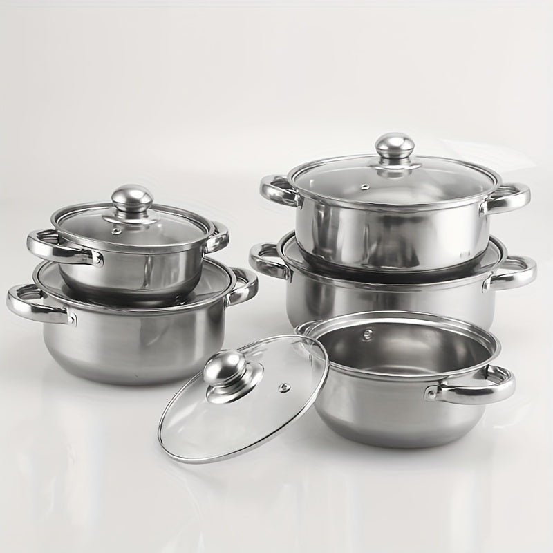 Stainless Steel Cookware Set with Glass Lids - Includes 10 Pieces of Durable Pots and Pans in Various Sizes for Home, Restaurant, and Outdoor Camping - Easy to Clean and Compatible with All Stovetops