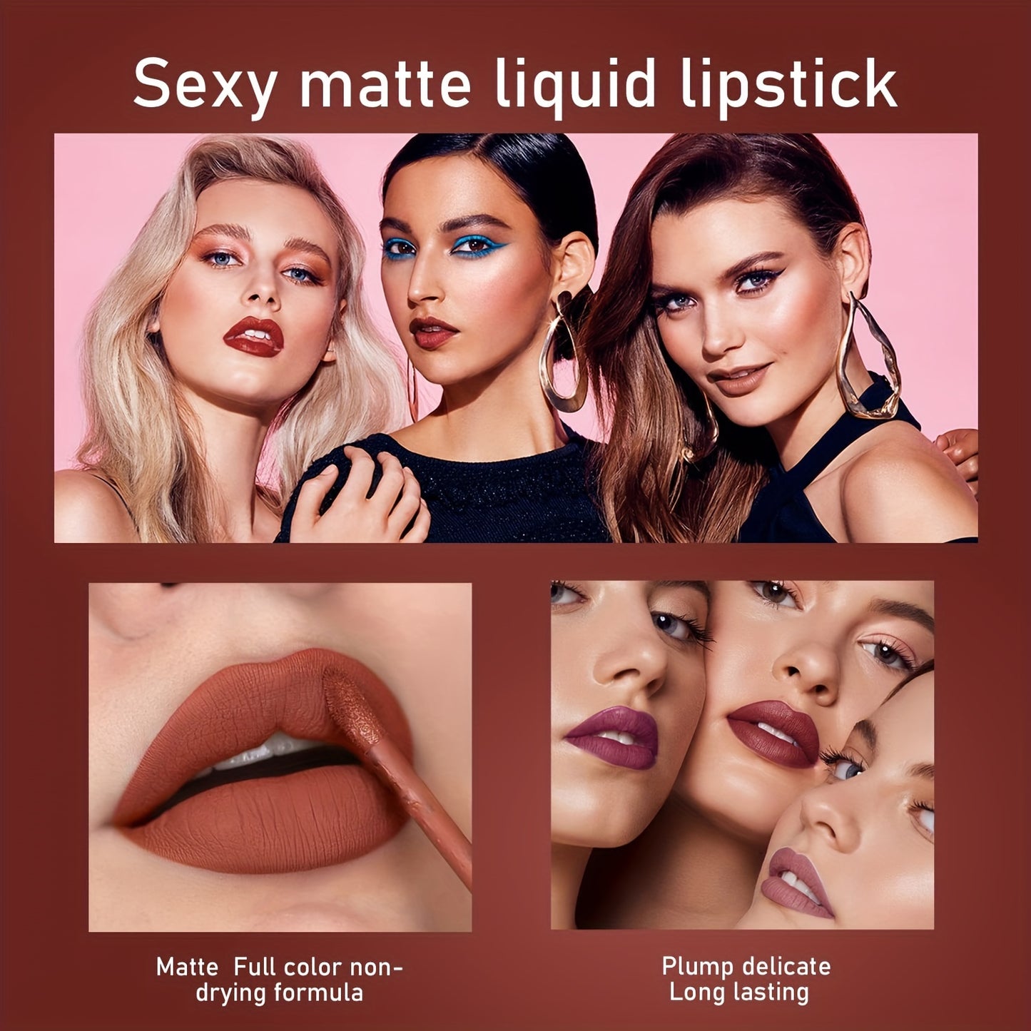 6-piece matte liquid lipstick set with long-lasting wear, non-stick formula, and waterproof finish.