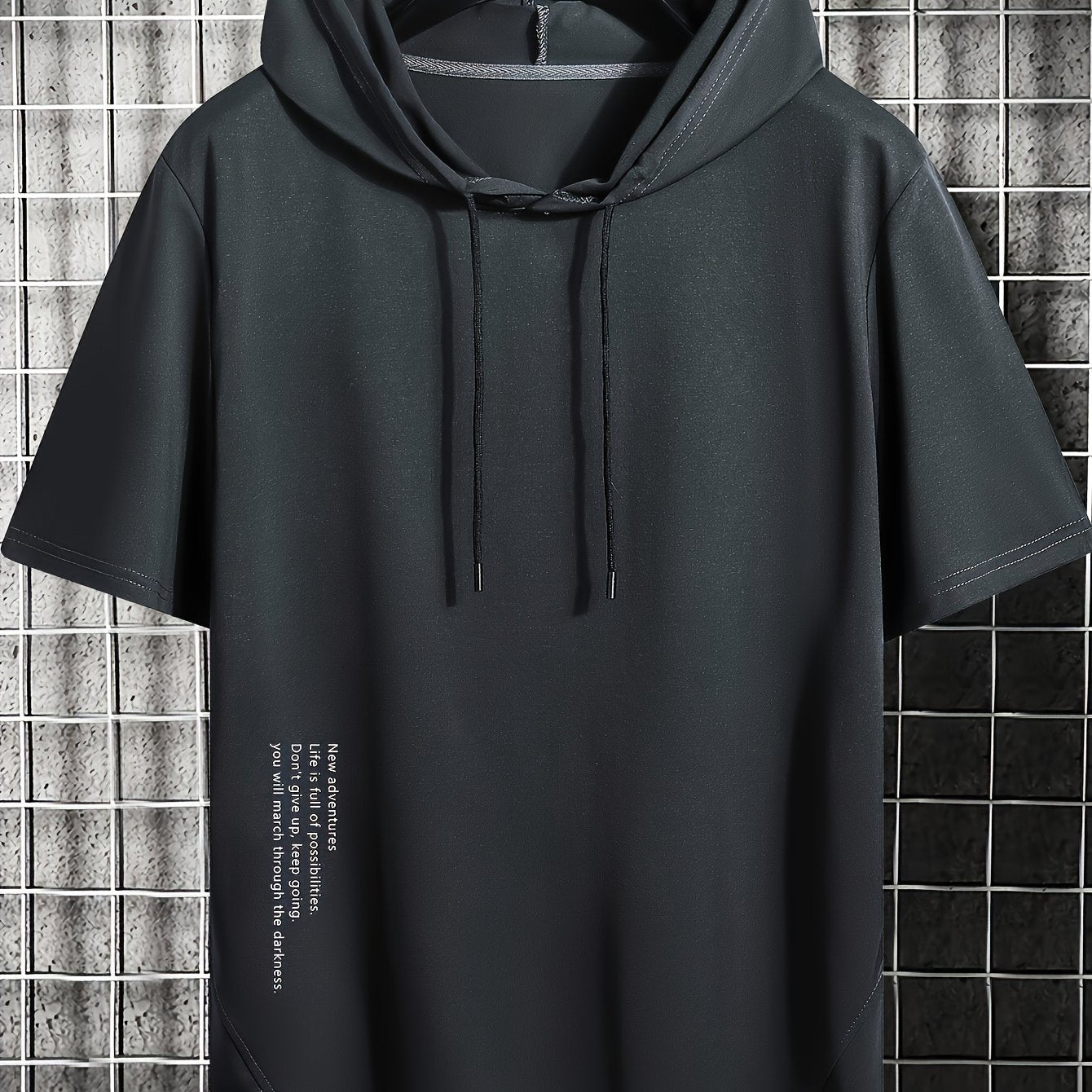 Men's summer casual hooded T-shirt with asymmetrical alphabet print, short sleeve, slight stretch knit fabric, regular fit hoodie for weekend - polyester.