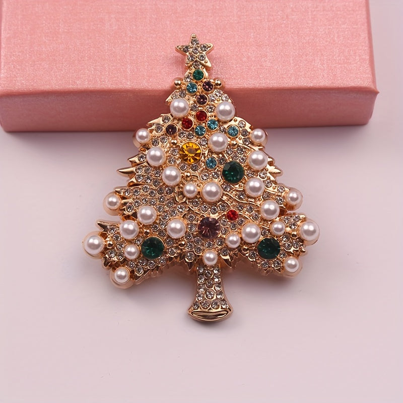 Elegant French designer Christmas tree brooch with luxurious rhinestones, perfect as a women's fashion accessory and novelty pin. This exquisite jewelry piece is ideal for adding a touch of glamour to clothing and makes for a wonderful gift option.