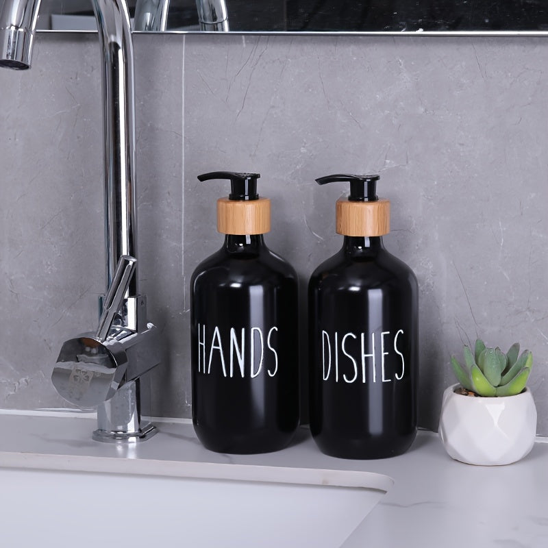 Set of 2 plastic soap dispensers for dish and hand soap, with refillable empty bottles for home decor and bathroom accessories.