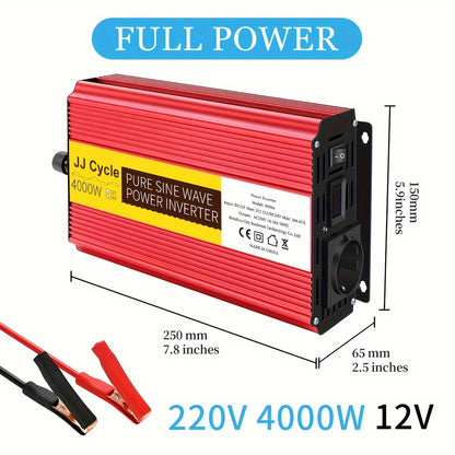 5000W/4000W Pure Sine Wave Inverter converts DC 12V/24V to AC 220V, 50Hz for car electronics with EU plug.