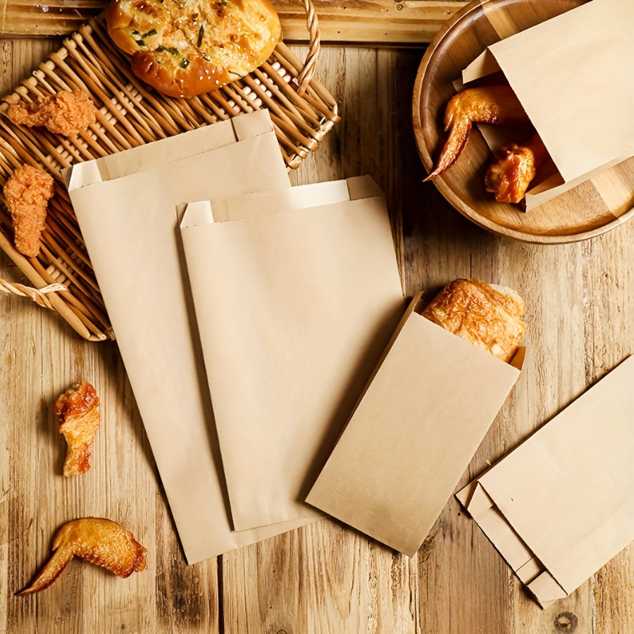 50-count of disposable brown kraft paper bags with fold-top design, perfect for packaging food and vegetables, candy, lunch items, bakery goods such as cookies and bread, and fruits at grocery stores or fruit markets.