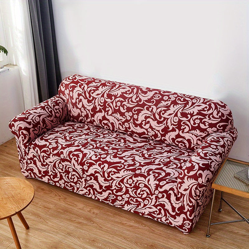 Modern printed sofa slipcover with elastic closure, made of 95% polyester and 5% spandex. Machine washable with active printing and stitched craftsmanship. Fits armchairs to sectional sofas, weighing 100-120gsm fabric.