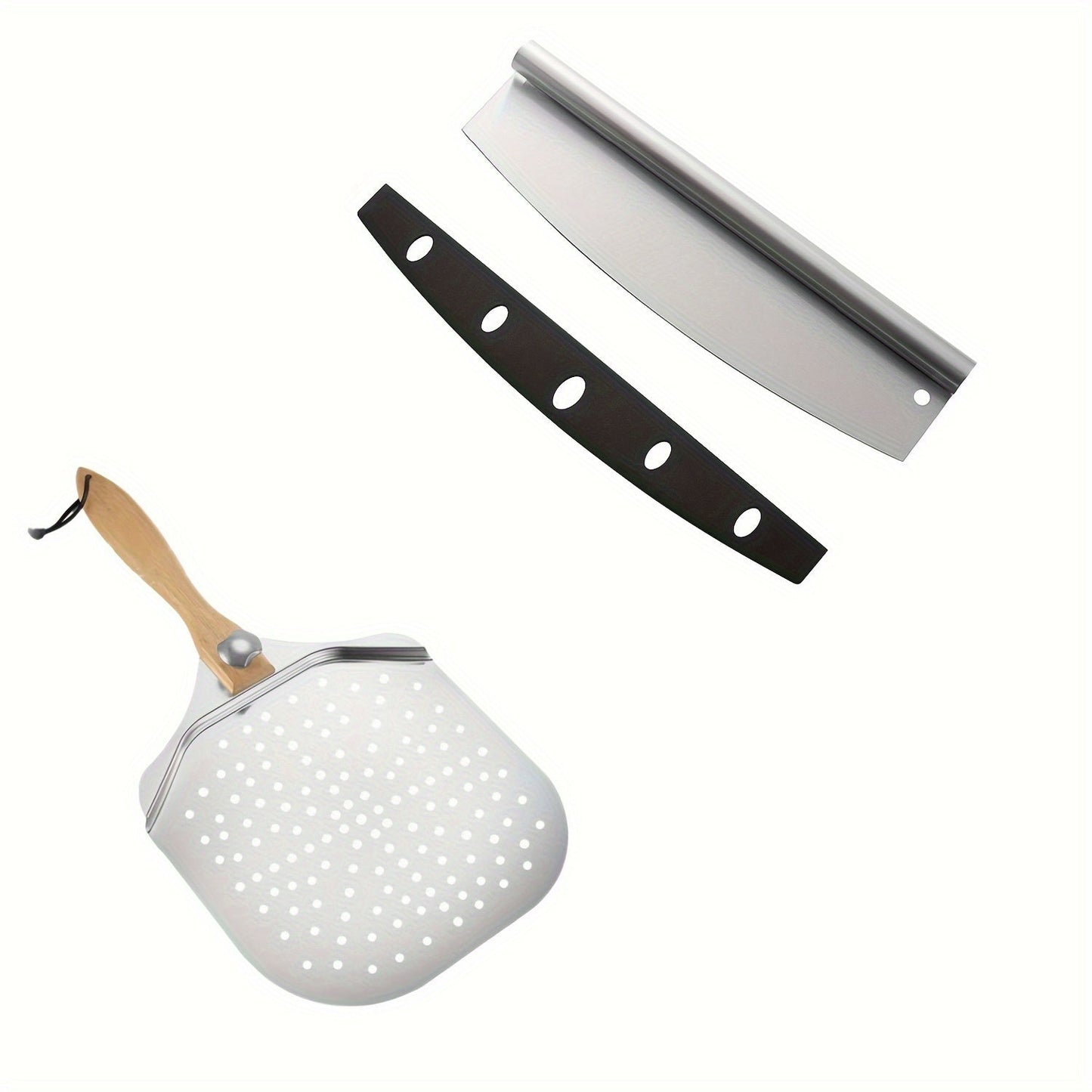 Pizza tools set made of top-grade stainless steel 304, including pizza shell, wooden handle pizza crust, spatula, and knife, suitable for both indoor and outdoor ovens.