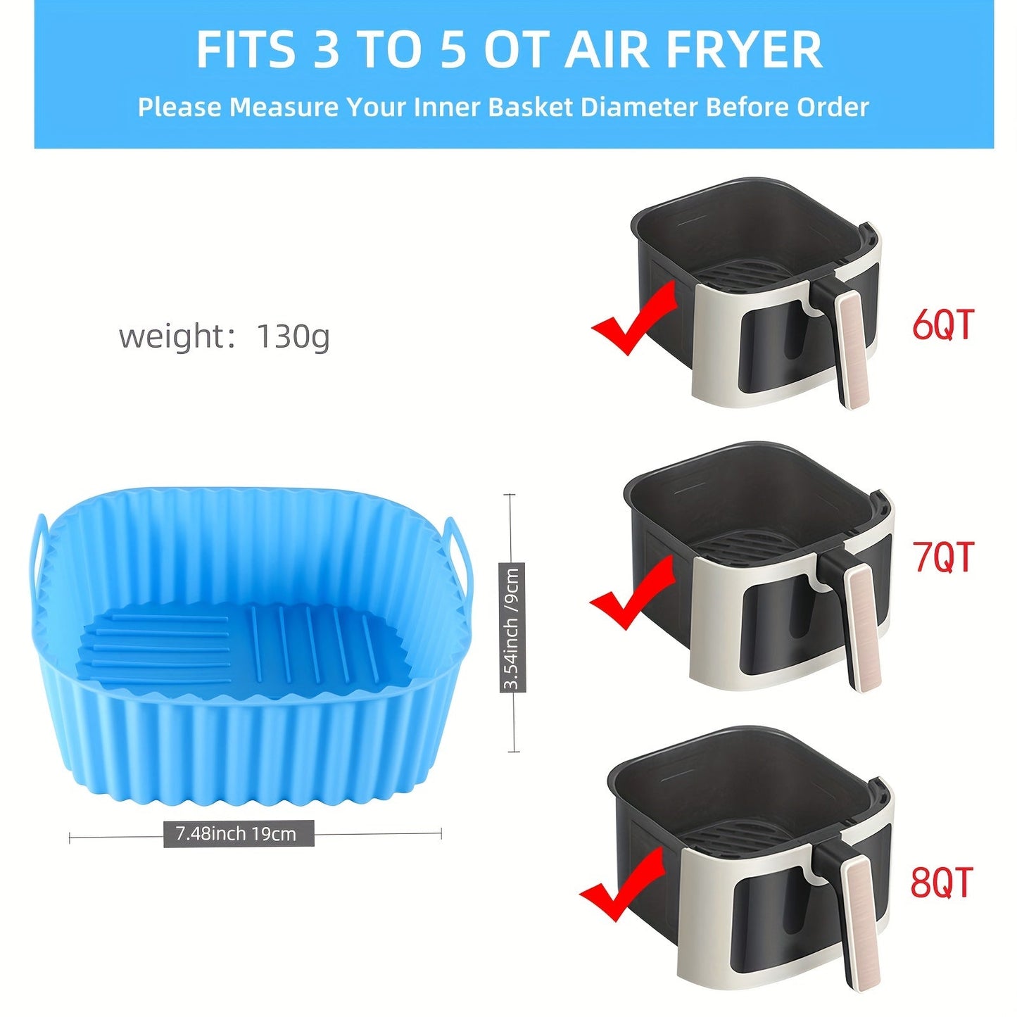 Silicone Air Fryer Liner in 5pcs set, each measuring 19.0cm. Also includes Square Air Fryer Liners Pot and BPA-Free Silicone Basket Bowl. These reusable Baking Tray liners are Dishwasher Safe and make for convenient Oven Accessories. Essential Baking