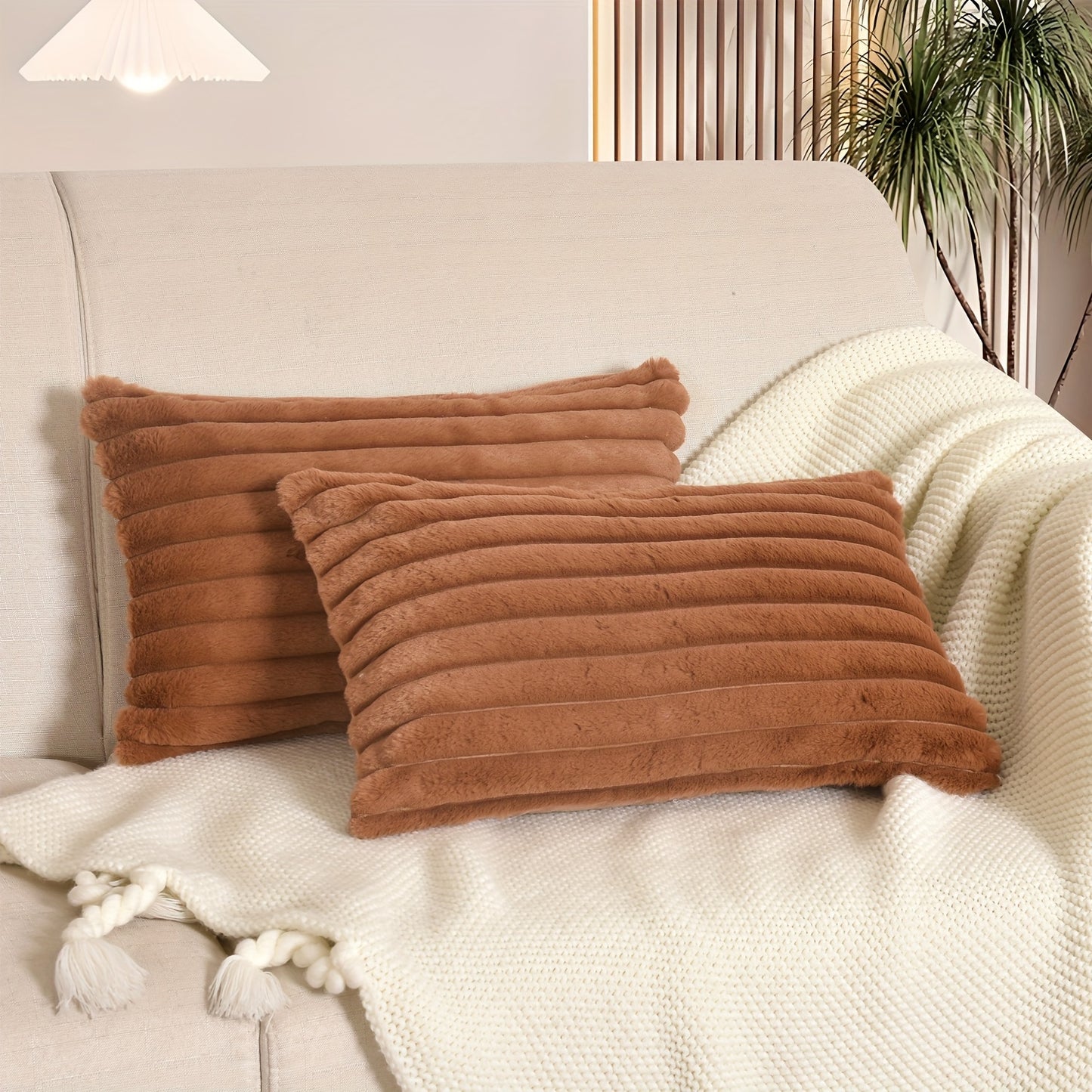 Pair of Boho Chic Faux Wool Plush Throw Pillow Covers with Zipper Closure, ideal for Sofa and Bedroom décor.