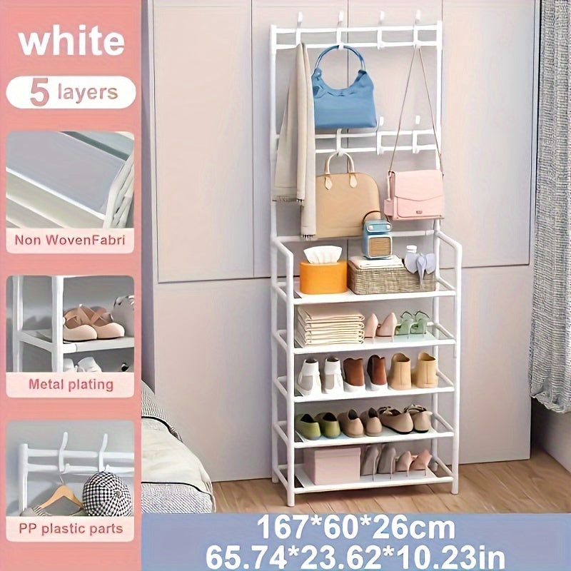 Multi-tier iron storage organizer with 8 dual hooks, versatile shoe rack and coat hanger for various rooms - uncharged, includes SKU quantity.