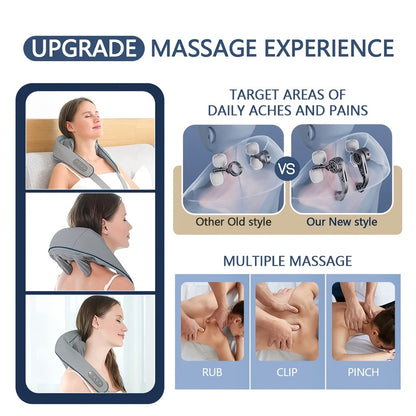 Cordless neck and shoulder massager with heat and 6 nodes. USB rechargeable for whole body relaxation. Great gift idea.