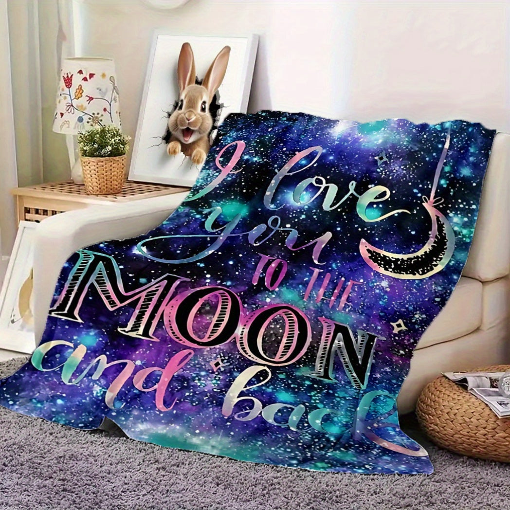 HKStorage Flannel Blanket - 1 piece, featuring a contemporary print of "I Love You to The Moon and Back." Made from soft all-season knit fabric with 100% polyester material and 250-300gsm. Hand wash only. Versatile for use on sofa, office, travel, and