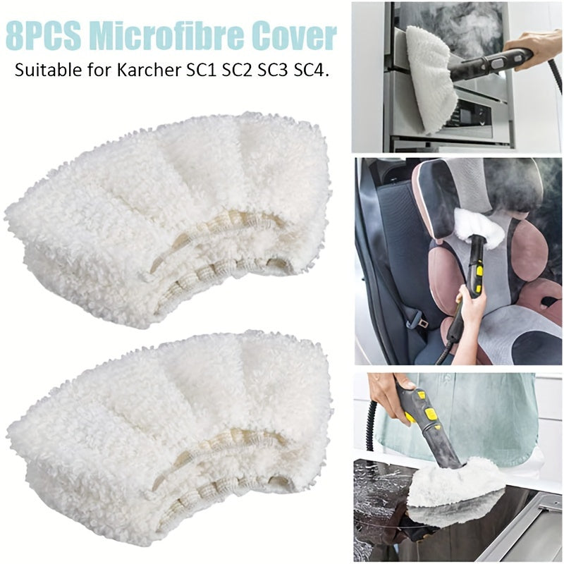 8 pieces of reusable and washable microfiber steam mop pads for Karcher SC1/SC2/SC3/SC4 models in white color.