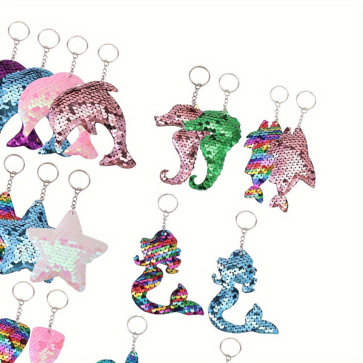 Cartoon Double-sided Mermaid Sequin Keychains - Set of 20, featuring Ocean Theme, Animal Shapes, Flip Sequin Design, Perfect for Party Gifts, Birthday Presents, and Christmas Decorations.