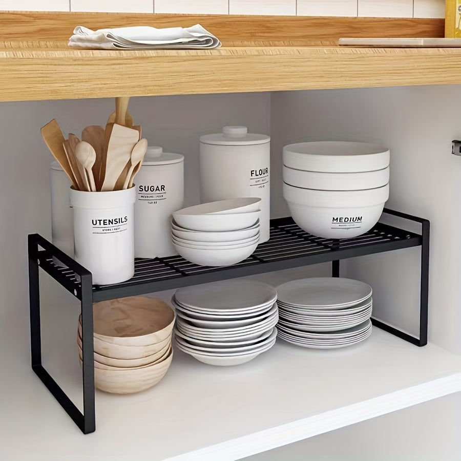 Japanese Kitchen Cabinet Layered Shelf made of carbon steel with multiple storage layers. This multifunctional rack is perfect for keeping kitchen essentials organized, such as seasoning, soup pots, and dishes. It is suitable for both kitchen and study