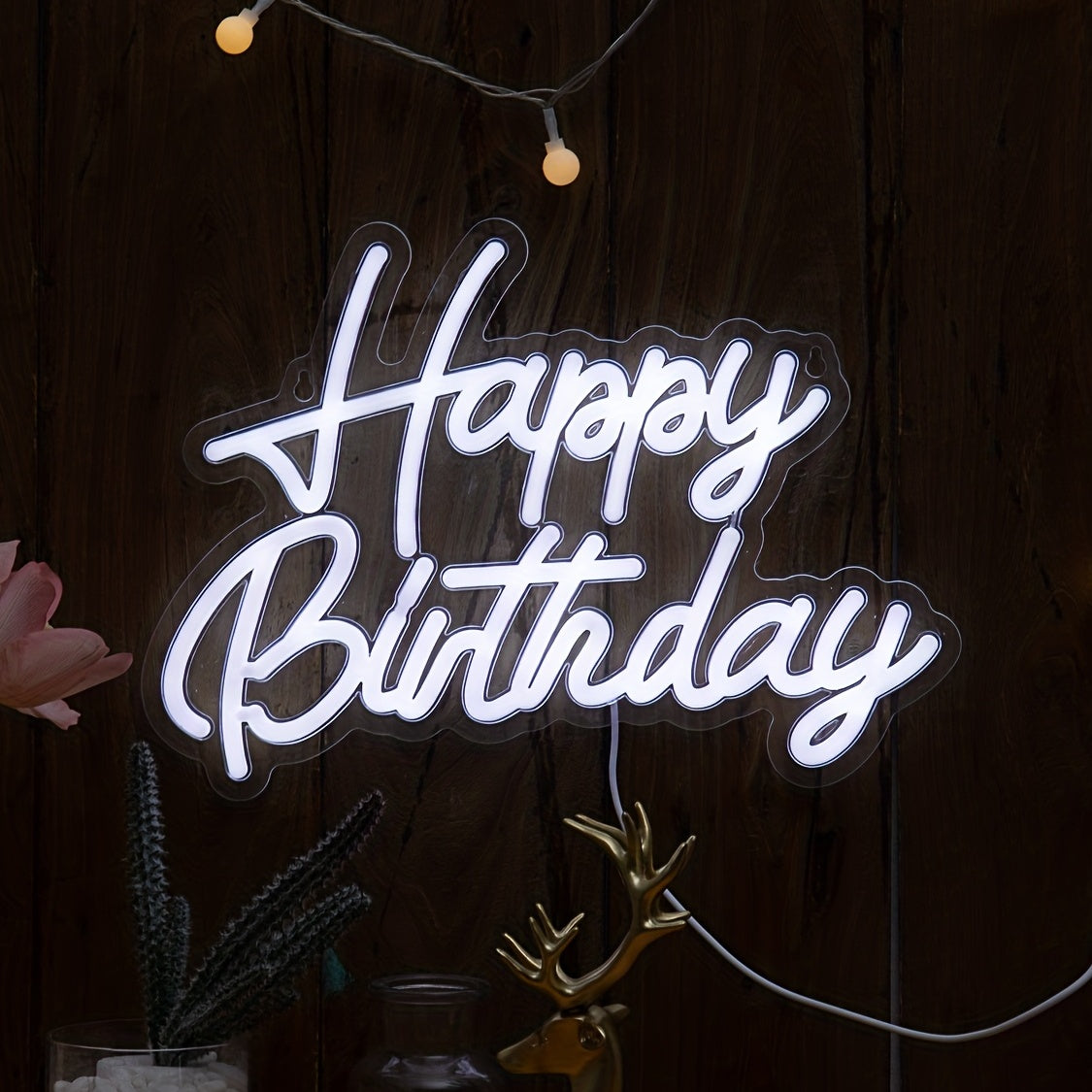 Happy Birthday Neon Sign; USB-powered plastic wall light with switch control, perfect for birthday party decor.