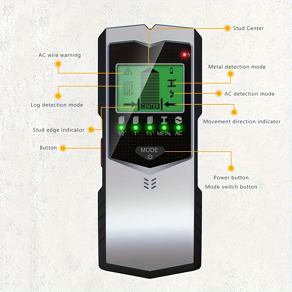 1 dona 5-in-1 devor skaner, dowel pin detektori bilan, yuqori aniqlik 0.01 o'lchov aniqligi, ABS material, LED displey, batareya bilan ishlaydi (batareya kiritilmagan), elektron pin, metall, AC sim