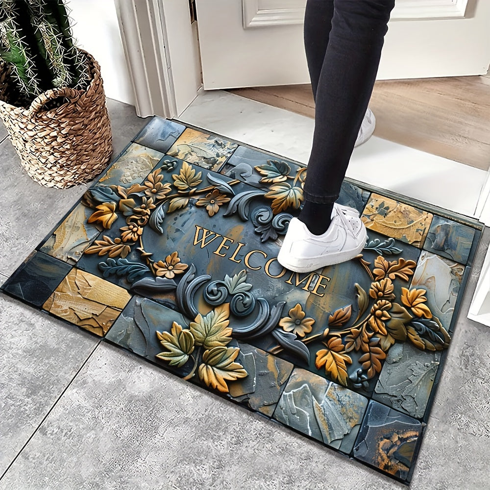 Opulent Welcome Mat with Elegant 3D Stone & Botanical Embossed Design - Features Non-Slip, Waterproof, and Machine Washable Polyester Material Perfect for Indoor and Outdoor Use - Enhance Entryway, Living Room, or Bathroom Décor