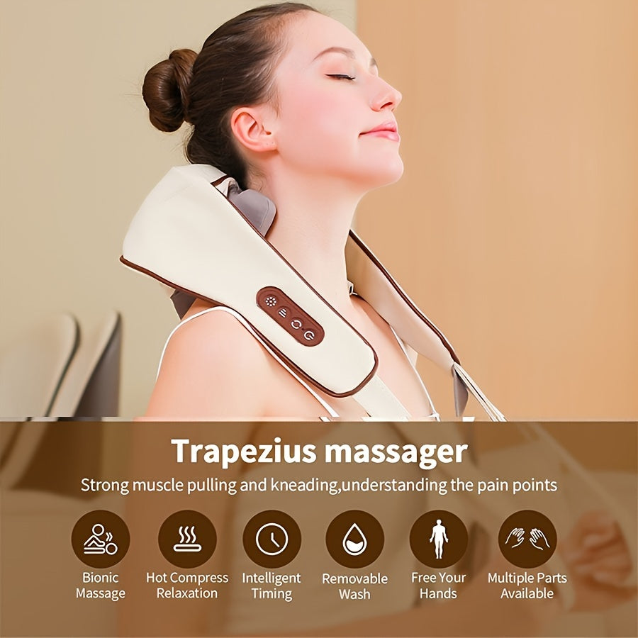 Cordless neck and shoulder massager provides deep muscle relaxation with human hand-like massage, heating and kneading functions.