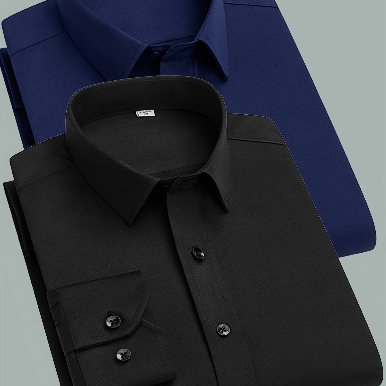 2 Men's work style polyester dress shirts in solid colors, regular fit with button details and lapel collar.