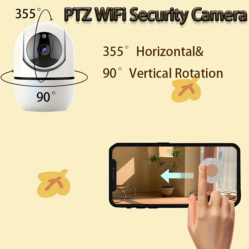 WiFi-enabled home security camera with 1080p resolution, infrared night vision, motion detection alerts, two-way audio, wireless surveillance capabilities, USB power option, and pan/tilt control. Compatible with mobile devices (SD card not included).